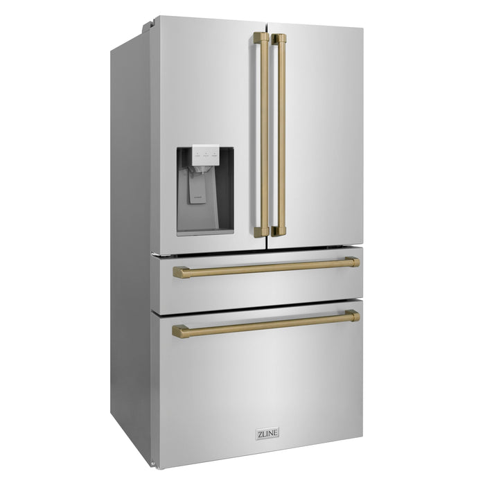 ZLINE 36 In. Autograph Refrigerator with Water and Ice Dispenser in Fingerprint Resistant Stainless Steel with Champagne Bronze Accents