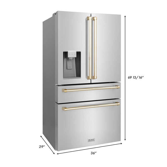 ZLINE 36 In. Autograph French Door Refrigerator with Water and Ice Dispenser in Fingerprint Resistant Stainless Steel with Gold Accents