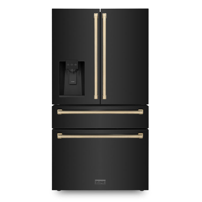 ZLINE 36 In. Autograph Refrigerator with Water and Ice Dispenser in Black with Champagne Bronze Handles
