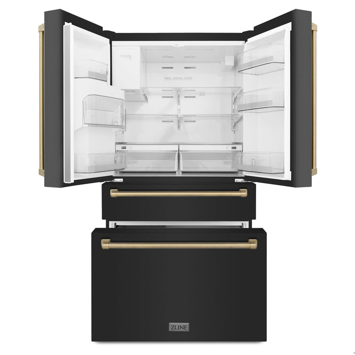 ZLINE 36 In. Autograph Refrigerator with Water and Ice Dispenser in Black with Champagne Bronze Handles