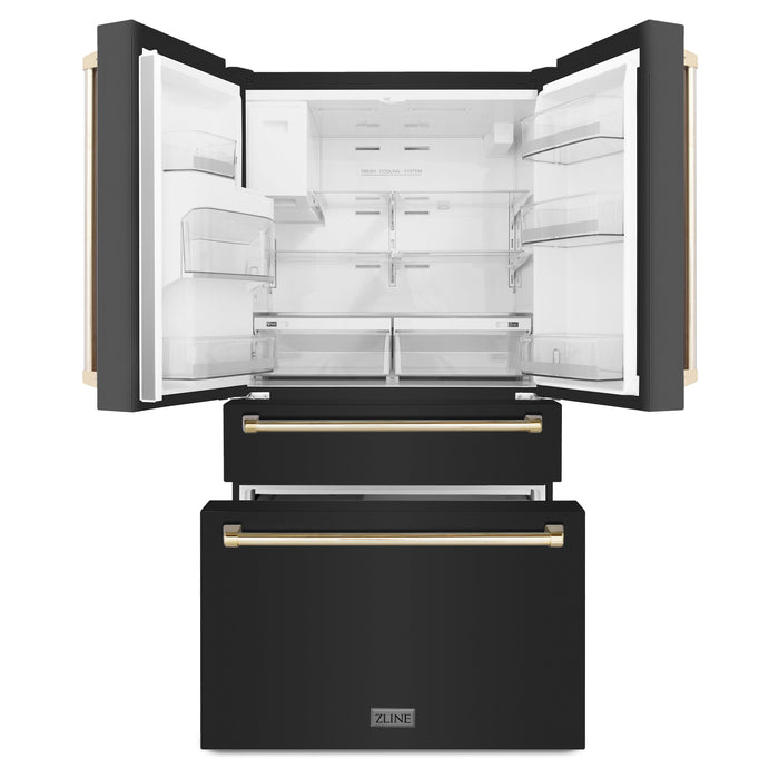 ZLINE 36 In. Autograph Refrigerator with Water and Ice Dispenser in Black with Gold Handles