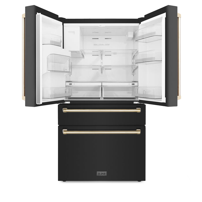 ZLINE 36 In. Autograph Refrigerator with Water and Ice Dispenser in Black with Gold Handles