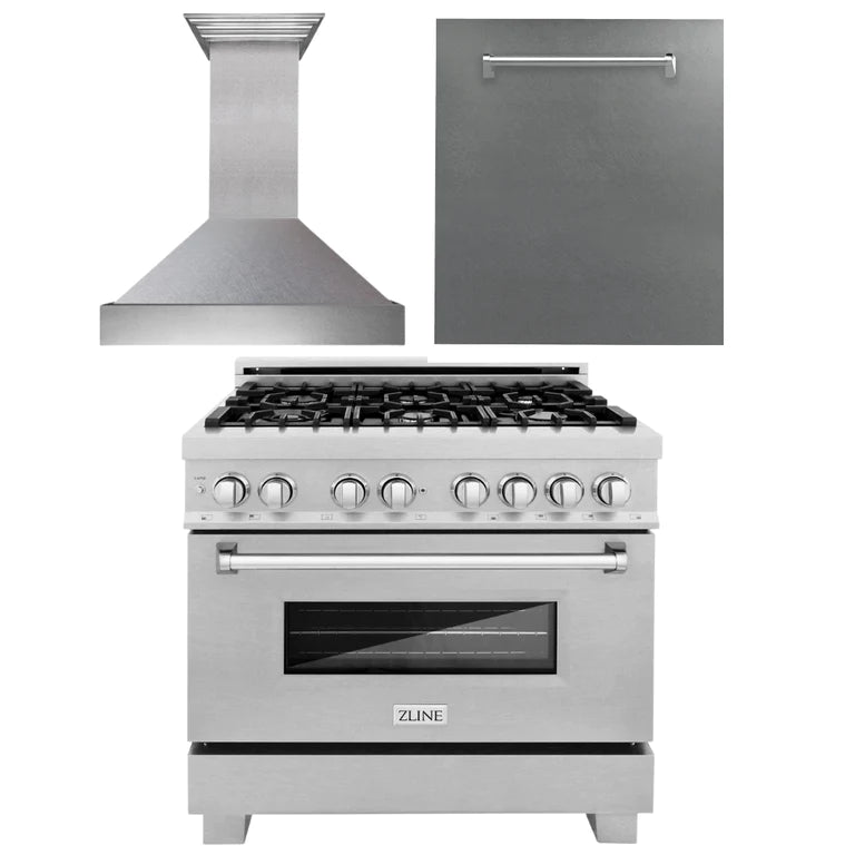 ZLINE 36" Kitchen Package with DuraSnow® Stainless Dual Fuel Range, Ducted Vent Range Hood and Dishwasher