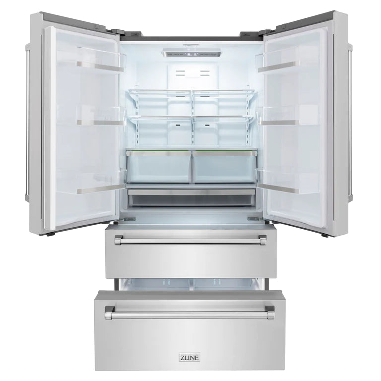 ZLINE Kitchen Package with Refrigeration, Stainless Steel Dual Fuel Range, Convertible Vent Range Hood and Tall Tub Dishwasher