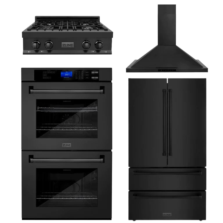 ZLINE Kitchen Package with Black Stainless Steel Refrigeration, 30" Rangetop, 30" Range Hood and 30" Double Wall Oven