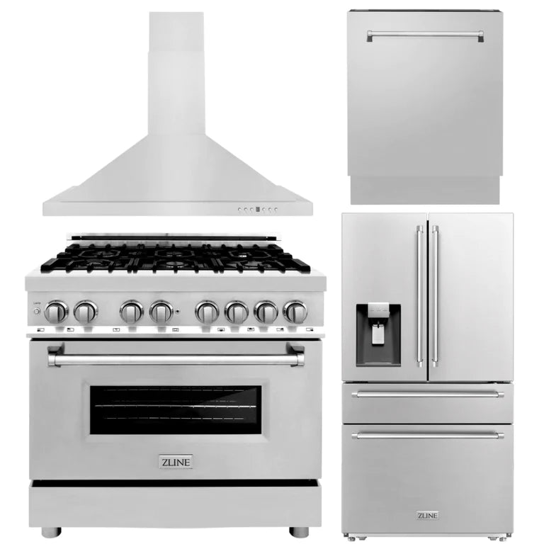 ZLINE Kitchen Package with Water and Ice Dispenser Refrigerator, 36" Dual Fuel Range, 36" Range Hood, and 24" Tall Tub Dishwasher