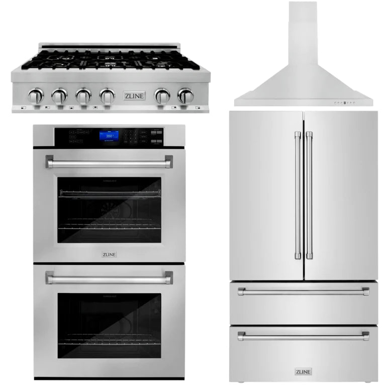 ZLINE Kitchen Package with Refrigeration, 36" Stainless Steel Rangetop, 36" Range Hood and 30" Double Wall Oven