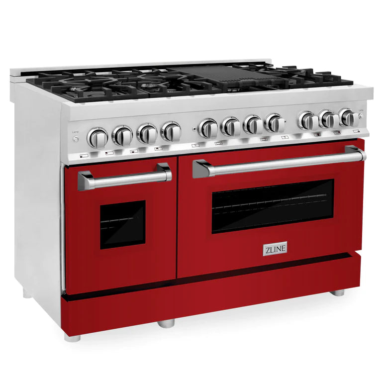 ZLINE 48 in. Professional Gas Burner/Electric Oven Stainless Steel Range with Red Gloss Door