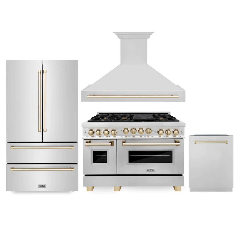 ZLINE 48" Autograph Edition Kitchen Package with Stainless Steel Gas Range, Range Hood, Dishwasher and Refrigeration with Accents
