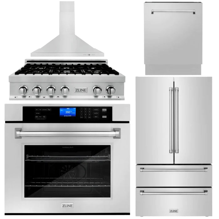 ZLINE Kitchen Package with Refrigeration, 36" Stainless Steel Rangetop, 36" Range Hood, 30" Single Wall Oven and 24" Tall Tub Dishwasher