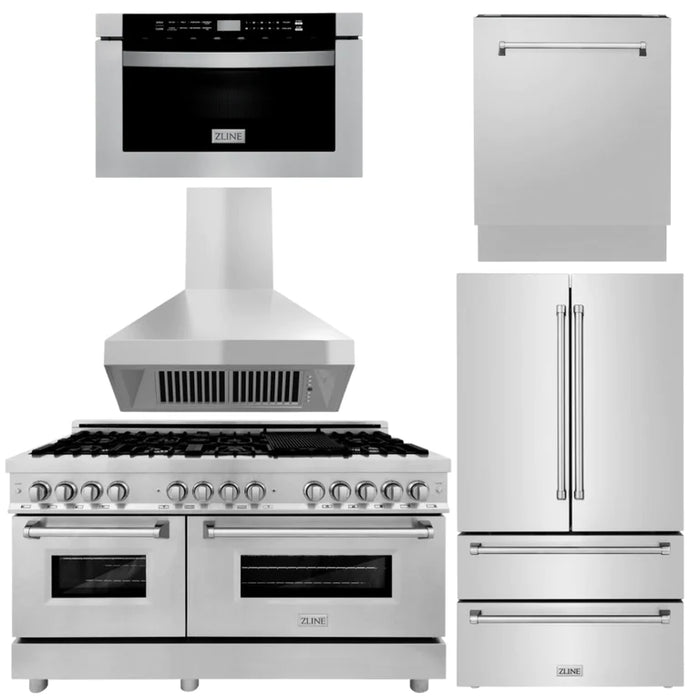 ZLINE Kitchen Package with Refrigeration, Stainless Steel Dual Fuel Range, Range Hood, Microwave Drawer, and 24" Tall Tub Dishwasher