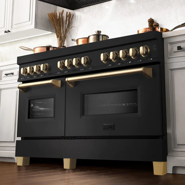 ZLINE Autograph 60 in. Gas Burner/Electric Oven Range in Black Stainless Steel and Gold Accents