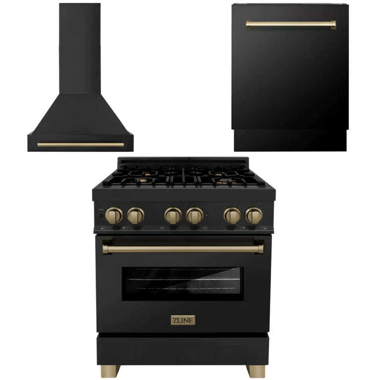 ZLINE Autograph Edition Kitchen Package with Black Stainless Steel Dual Fuel Range, Range Hood and Dishwasher with Accents