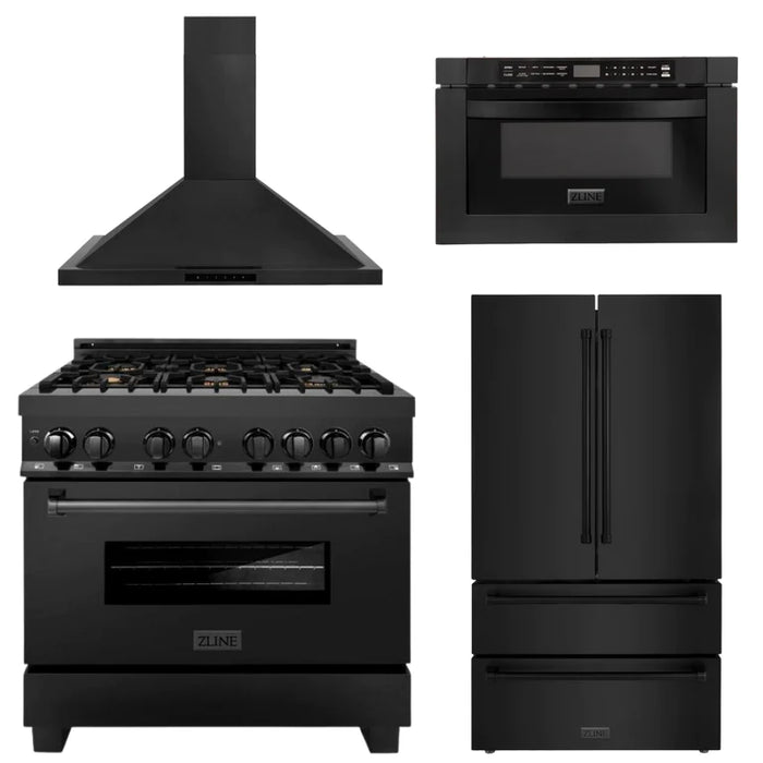 ZLINE Kitchen Package with Black Stainless Steel Refrigeration, 36" Dual Fuel Range and Microwave Drawer
