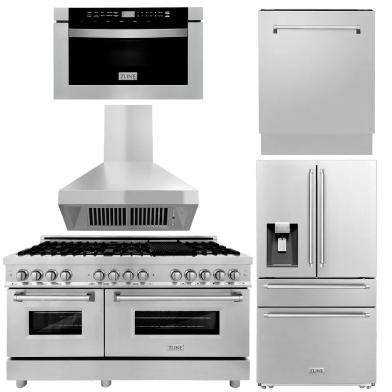ZLINE Kitchen Package with Water and Ice Dispenser Refrigerator, 60" Dual Fuel Range, 60" Range Hood, Microwave Drawer, and 24" Tall Tub Dishwasher