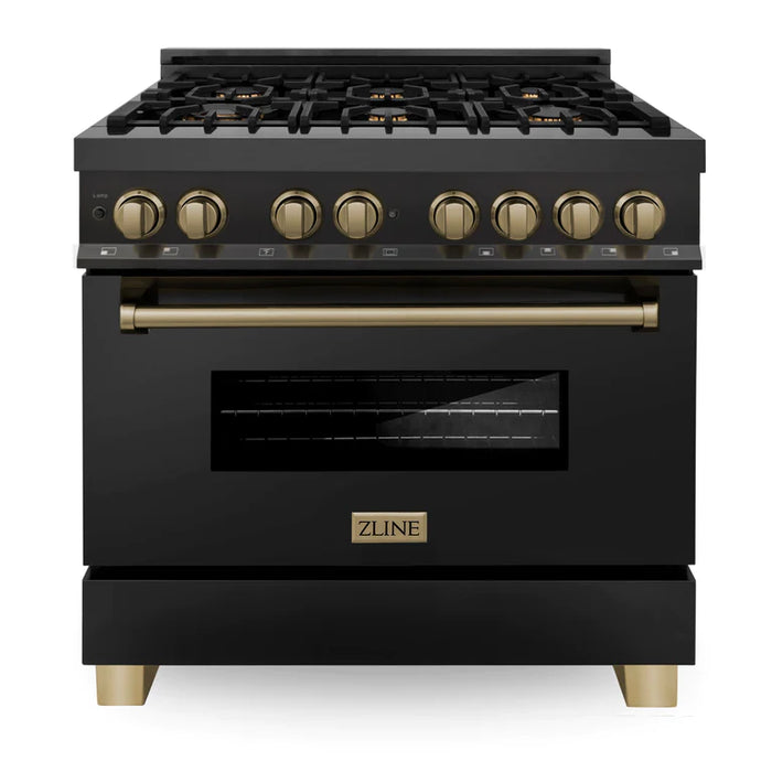 ZLINE Autograph Package - 36 In. Dual Fuel Range and Range Hood in Black Stainless Steel with Champagne Bronze Accents