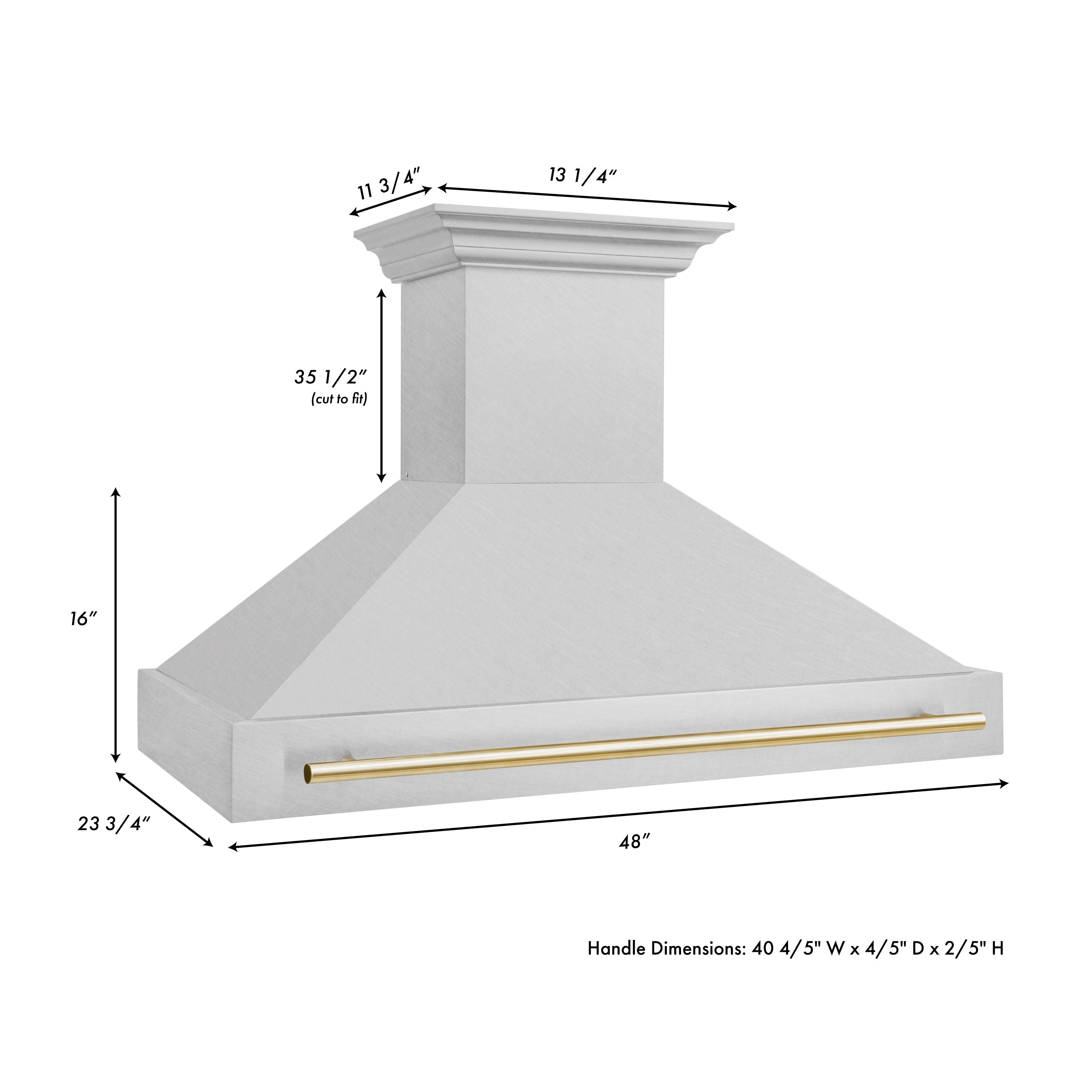 ZLINE Autograph 48 Inch DuraSnow® Stainless Steel Range Hood with DuraSnow® Shell and Gold Handle, 8654SNZ-48-G