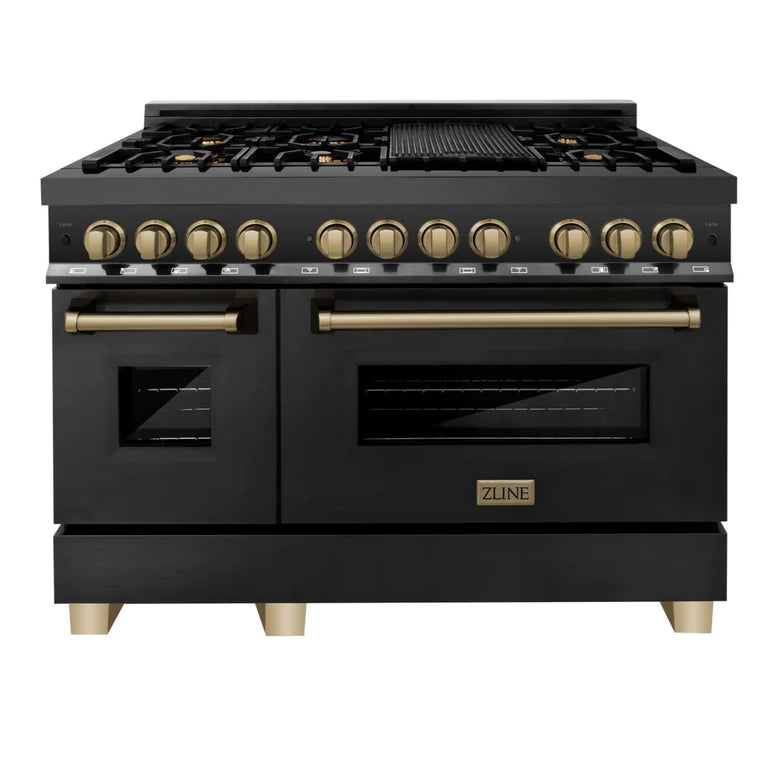 ZLINE Autograph Package - 30 In. Dual Fuel Range, Range Hood in Black Stainless Steel with Champagne Bronze Accents