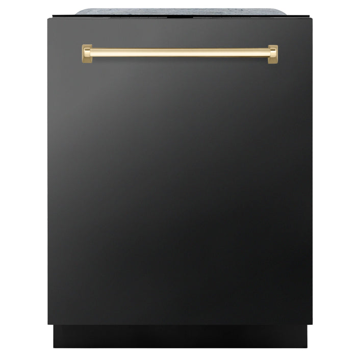 ZLINE Autograph Edition 24 In. 3rd Rack Top Touch Control Tall Tub Dishwasher in Black Stainless Steel with Gold Handle