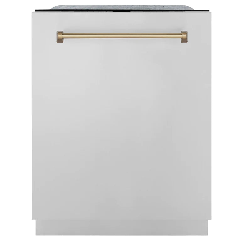 ZLINE 48" Autograph Edition Kitchen Package with DuraSnow® Stainless Steel Gas Range, Range Hood and Dishwasher with Champagne Bronze Accents