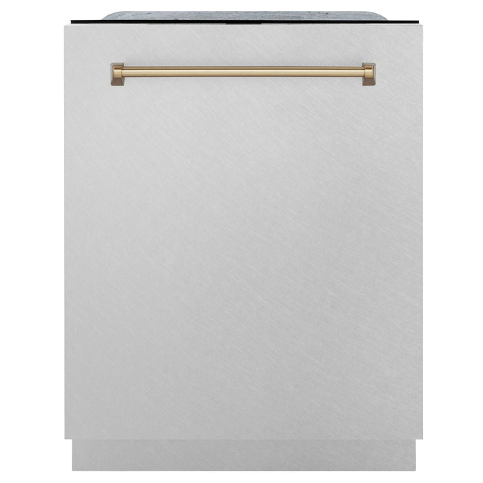 ZLINE Autograph Edition 24 in. Tall Dishwasher, Touch Control in DuraSnow® Stainless Steel with Champagne Bronze Handle