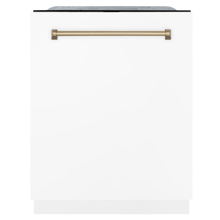 ZLINE Autograph Edition 24 inch Tall Dishwasher, Touch Control, in White Matte with Champagne Bronze Handle