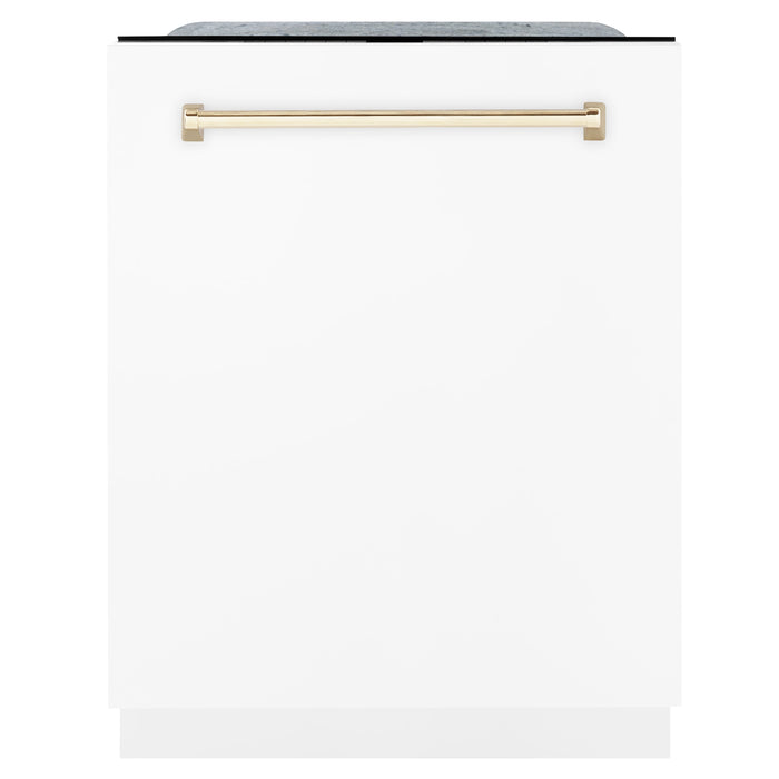 ZLINE Autograph Edition 24 inch Tall Dishwasher, Touch Control, in White Matte with Gold Handle