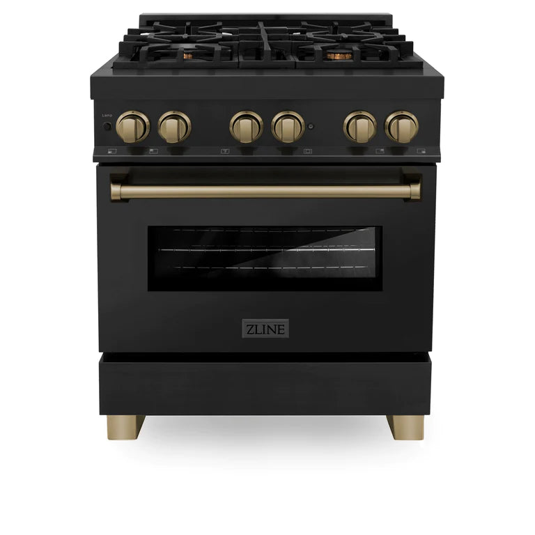 ZLINE Autograph Edition 30 inch Dual Fuel Range with Gas Stove and Electric Oven in Black Stainless Steel with Champagne Bronze Accents