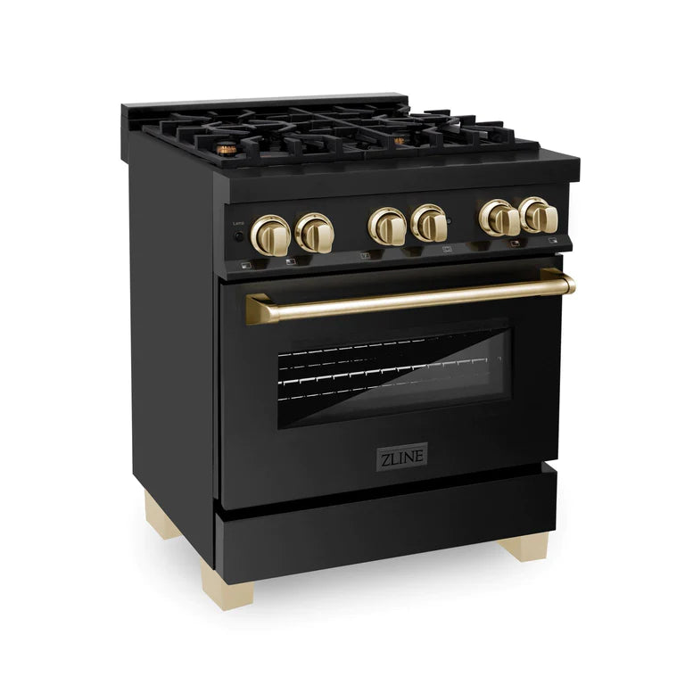 ZLINE Autograph 30 in. Gas Burner/Electric Oven Range in Black Stainless Steel and Gold Accents