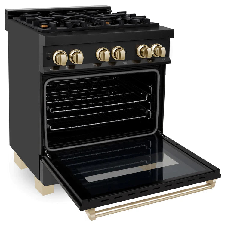 ZLINE Autograph 30 in. Gas Burner/Electric Oven Range in Black Stainless Steel and Gold Accents