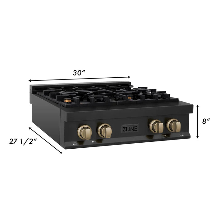 ZLINE Autograph Edition 30 In. Rangetop with 4 Gas Burners in Black Stainless Steel and Champagne Bronze Accents
