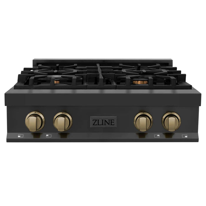 ZLINE Autograph Edition 30 In. Rangetop with 4 Gas Burners in Black Stainless Steel and Champagne Bronze Accents