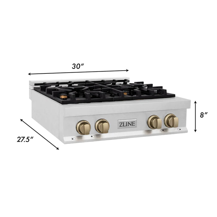 ZLINE Autograph Edition 30 In. Rangetop with 4 Gas Burners in DuraSnow®Stainless Steel and Champagne Bronze Accents