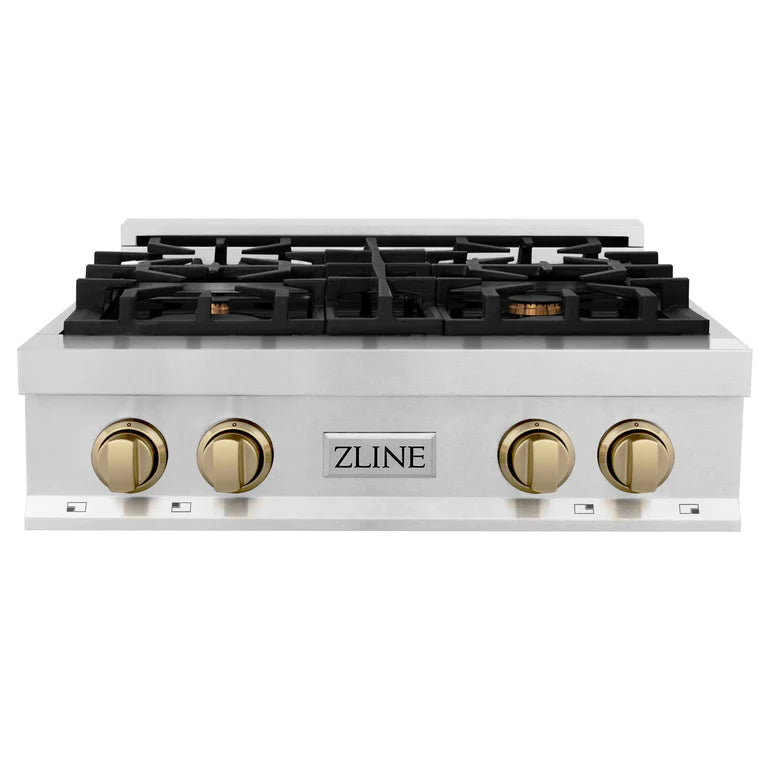 ZLINE Autograph Edition 30 In. Rangetop with 4 Gas Burners in DuraSnow®Stainless Steel and Champagne Bronze Accents