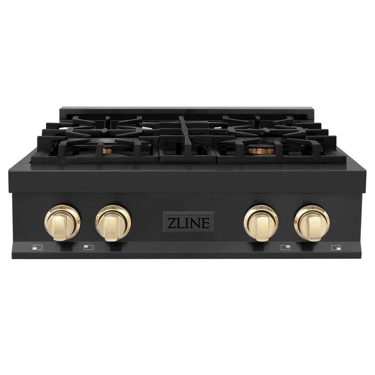 ZLINE Autograph Edition 30 Inch Porcelain Rangetop with 4 Gas Burners in Black Stainless Steel and Gold Accents
