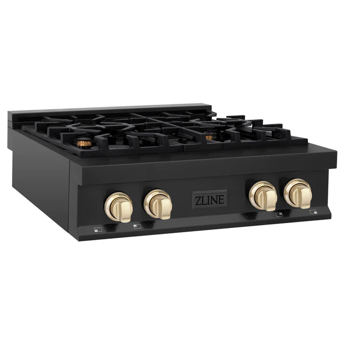 ZLINE Autograph Edition 30 Inch Porcelain Rangetop with 4 Gas Burners in Black Stainless Steel and Gold Accents