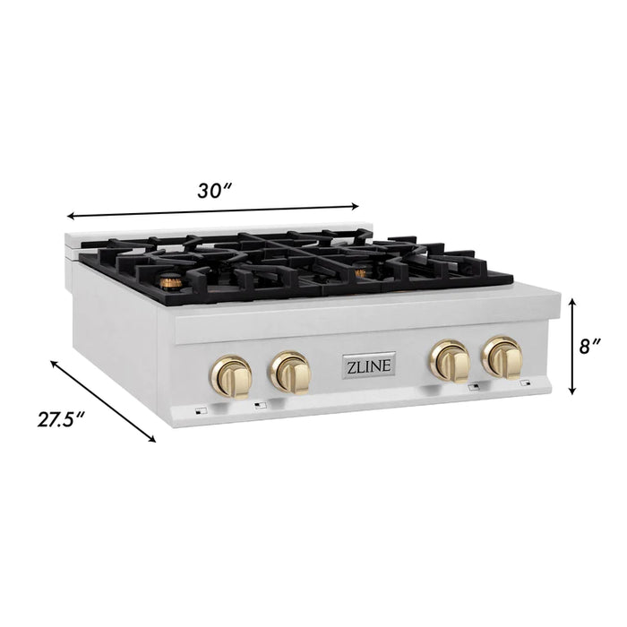 ZLINE Autograph Edition 30 in. Porcelain Rangetop with 4 Gas Burners in DuraSnow® Stainless Steel and Gold Accents