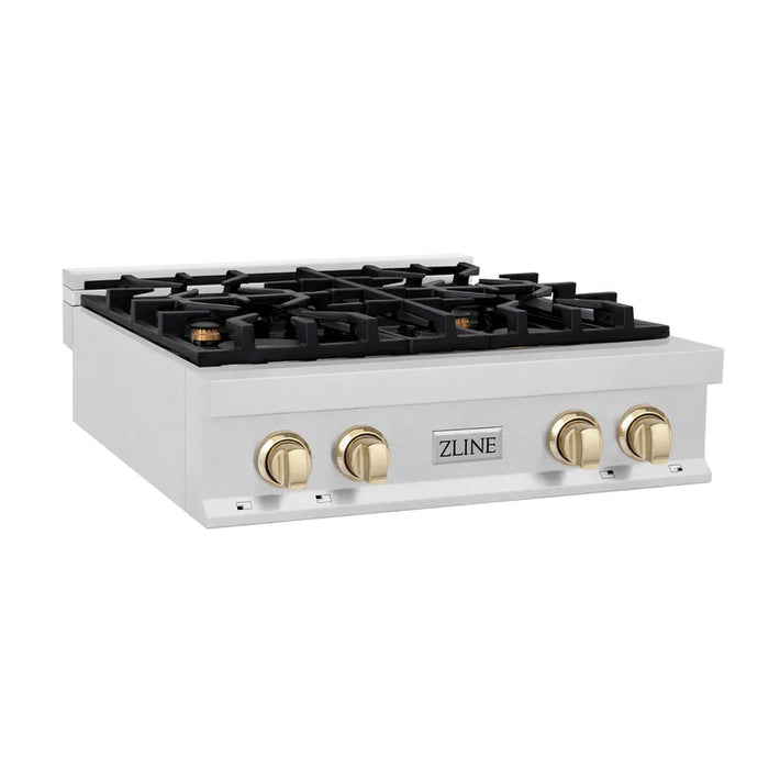 ZLINE Autograph Edition 30 in. Porcelain Rangetop with 4 Gas Burners in DuraSnow® Stainless Steel and Gold Accents
