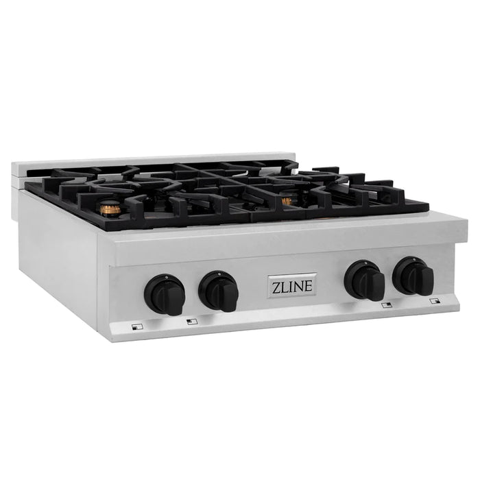 ZLINE Autograph Edition 30 in. Porcelain Rangetop with 4 Gas Burners in DuraSnow® Stainless Steel and Matte Black Accents