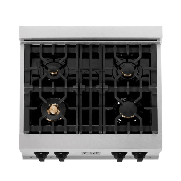 ZLINE Autograph Edition 30 in. Porcelain Rangetop with 4 Gas Burners in DuraSnow® Stainless Steel and Matte Black Accents