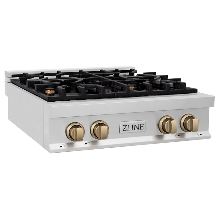 ZLINE Autograph Edition 30 in. Porcelain Rangetop with 4 Gas Burners in Stainless Steel and Champagne Bronze Accents