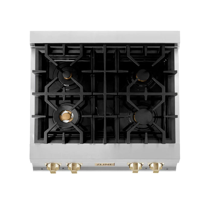 ZLINE Autograph Edition 30 in. Porcelain Rangetop with 4 Gas Burners in Stainless Steel and Gold Accents