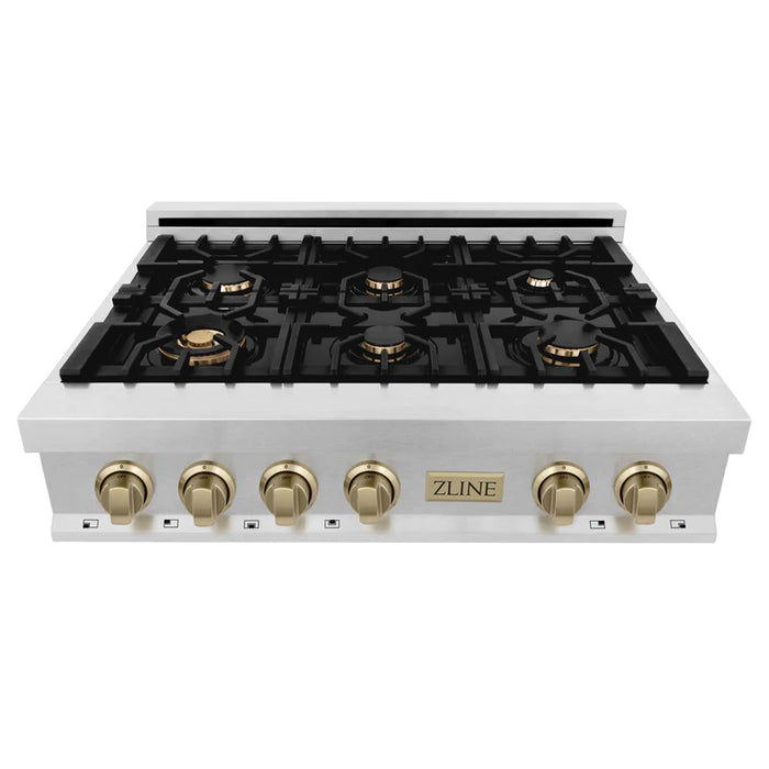 ZLINE Autograph Edition 36 In. Rangetop with 6 Gas Burners in DuraSnow® Stainless Steel and Champagne Bronze Accents