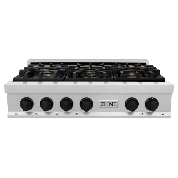 ZLINE Autograph Edition 36 In. Porcelain Rangetop with 6 Gas Burners in DuraSnow® Stainless Steel and Matte Black Accents