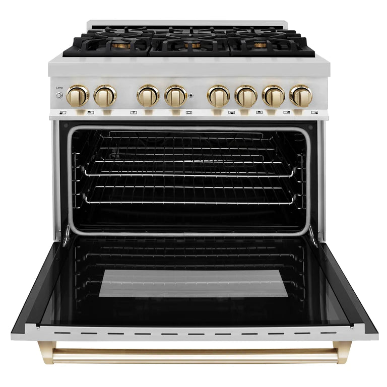 ZLINE Autograph Package - 36 In. Dual Fuel Range, Range Hood in Stainless Steel with Accents