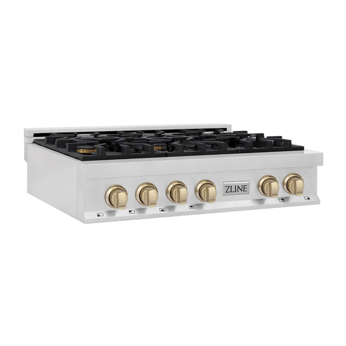 ZLINE Autograph Edition 36" Porcelain Rangetop with 6 Gas Burners in DuraSnow® Stainless Steel and Gold Accents