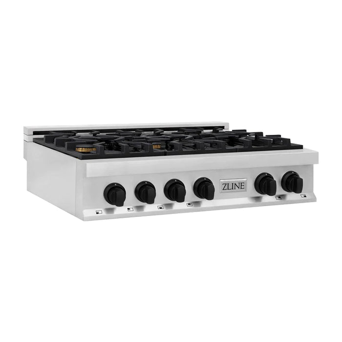 ZLINE Autograph Edition 36 in. Porcelain Rangetop with 6 Gas Burners in Stainless Steel and Matte Black Accents