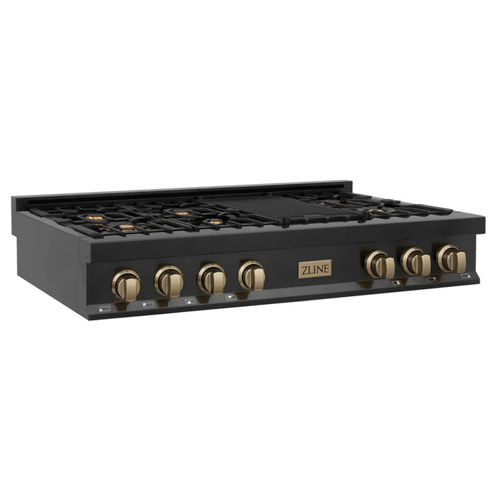 ZLINE Autograph Edition 48 In. Porcelain Rangetop with 7 Gas Burners in Black Stainless Steel and Champagne Bronze Accents