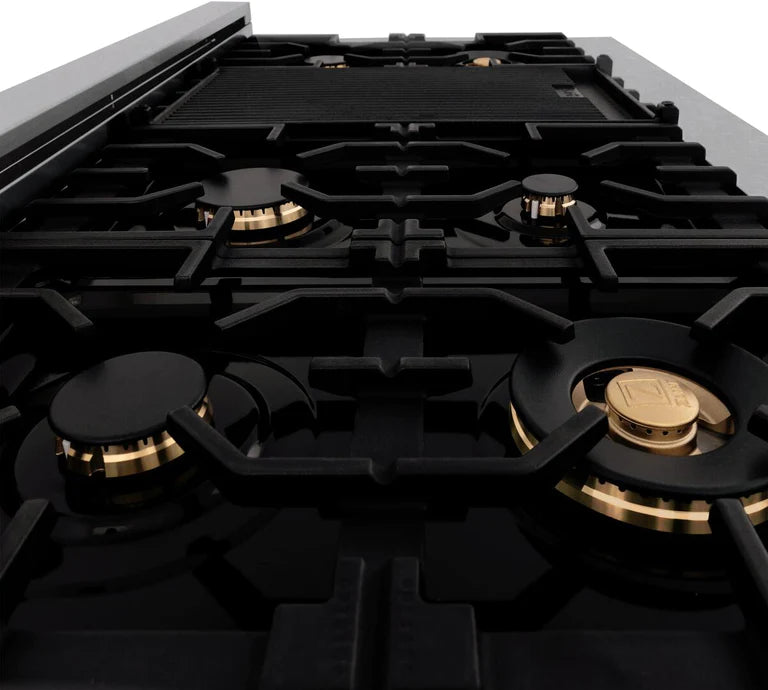 ZLINE Autograph Edition 48 In. Rangetop with 7 Gas Burners in DuraSnow® Stainless Steel and Champagne Bronze Accents