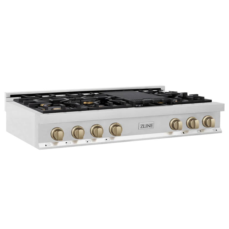 ZLINE Autograph Edition 48 In. Rangetop with 7 Gas Burners in Stainless Steel and Champagne Bronze Accents